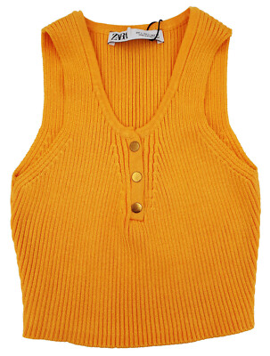 New Zara 3519/014 Ribbed Knit Crop Top Orange Tank Buttons