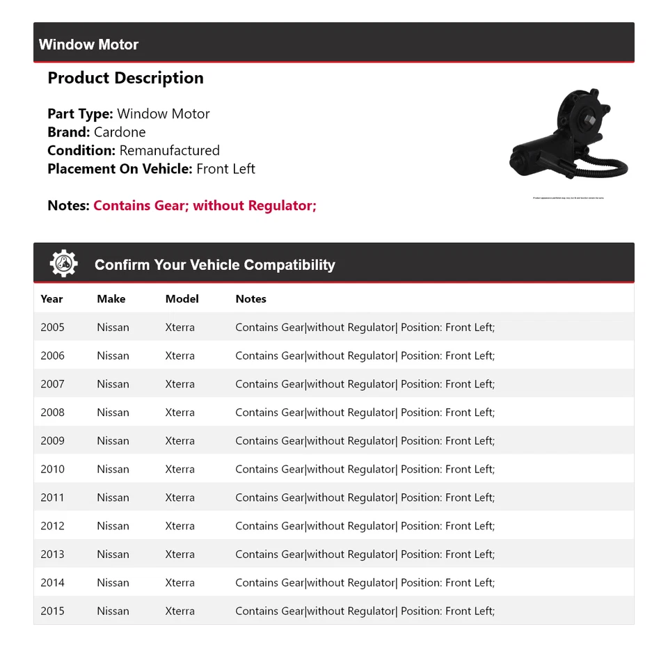 Para 2005-2015 Nissan Xterra motor de janela dianteiro esquerdo Cardone 2006 2007 2008 2009 - Imagem 2 de 4