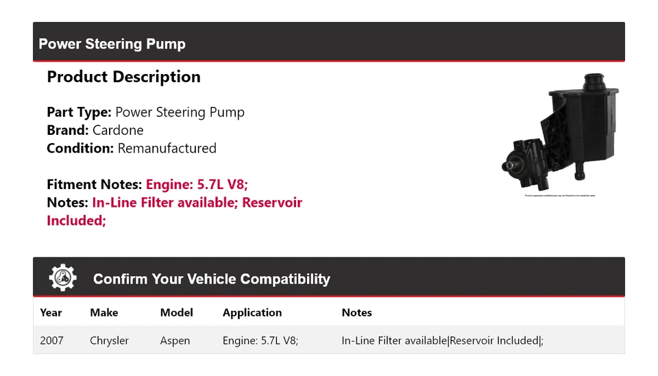 Bomba de dirección asistida Cardone para Chrysler Aspen 2007 5,7 L V8 Foto 2 de 4