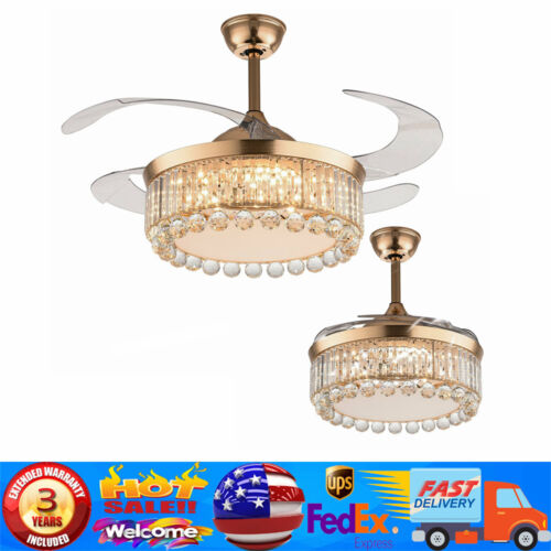 42" Retractable Crystal Chandelier Gold LED Invisible Ceiling Fan Light w/Remote