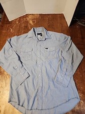 Vtg 70s Wrangler Western Shirt Pearl Snap Sky Blue Poly/Cttn Mens 44 Please Read