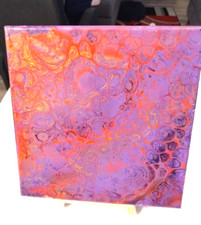 Handmade Abstract Original Acrylic Pour Painting on 8X8 Canvas Varnished  Stand