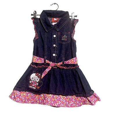 Sanrio Hello Kitty Denim Dress Girls SZ 6 Ruffle Hem Pink Flowers Belt  Kawaii | eBay