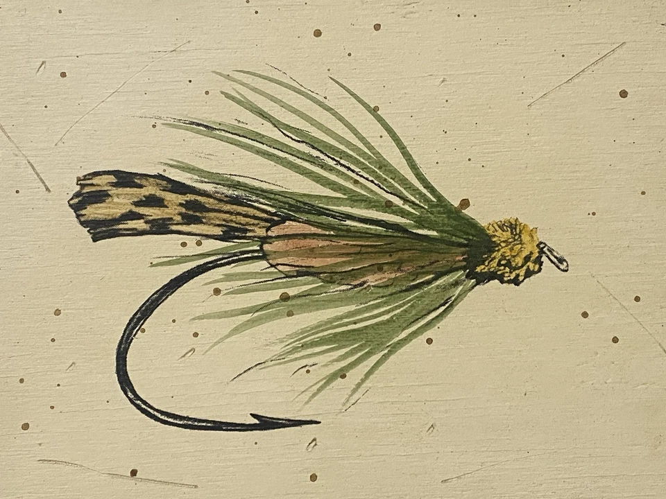 Pintura de madera con mosca enmarcada señuelo con mosca arte coleccionable marco rústico 9x12 Foto 3 de 4