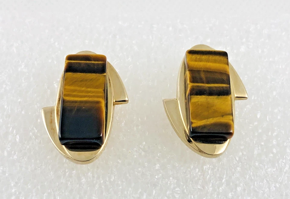 Vintage Mid-Century Tigers Eye Gold Tone Cufflinks Modernist - Image 3 of 4