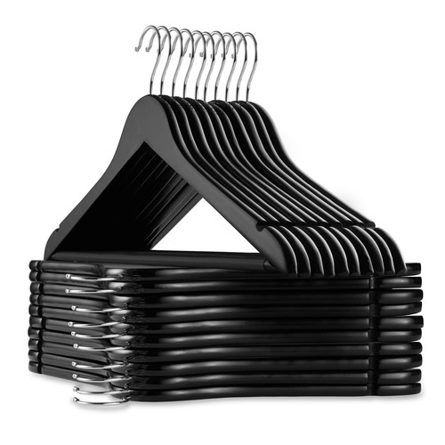 - 20 Black Wooden Suit Hangers - Premium Lotus Wood with Notches & Chrome Swi...