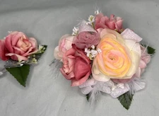 Wrist Corsage And Boutonnière Set Pink White Ivory Roses Feather Accents