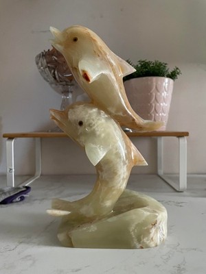 Pakistani Onyx Dolphin Sculpture Hand Carved 11.5'' Home Decor Stone Figurine