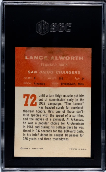 SGC 1 1963 Fleer #72 Lance Alworth San Diego Chargers SET BREAK! ROOKIE - Image 2 of 2