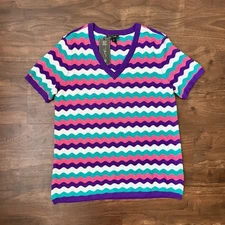 DG2 by Diane Gilman Women's V-Neck Pointelle Top Multicolor Size M NWT
