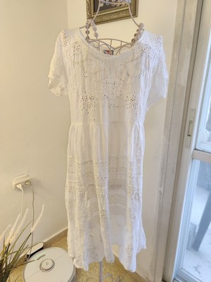 Johnny Was Boho-Midikleid weiß Spitze Ösen Baumwolle bestickt neu ohne Etiket...