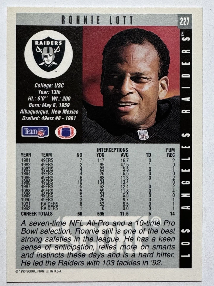 HOF'er RONNIE LOTT Los Angeles Raiders 1993 Score Football Card #227 - Image 2 of 2