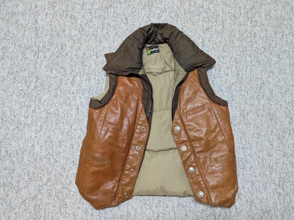 Chaleco acolchado vintage años 70 GOOSE DOWN cabeza india níquel S cuero esquí occidental 38 Foto 3 de 4