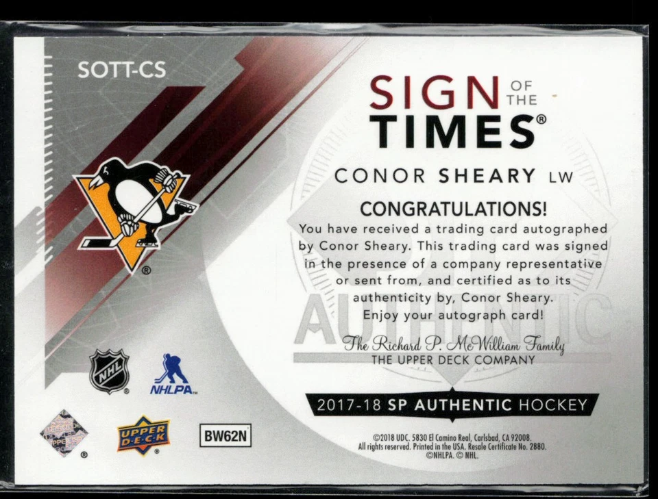 2017-18 SP Authentic Sign of the Times #SOTT-CS Conor Sheary - Image 2 of 2