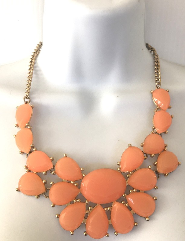 Vintage  MIKA Gold Tone Orange Glass Link Chunky Bib Adjustable Chain Necklace