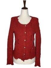 IRO Agnette Knit Zip Tweed Jacket Womens 1 Red Distressed Preppy Money Grunge