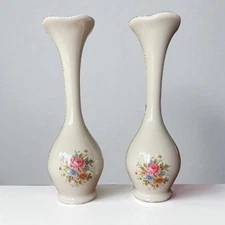 Vtg Porcelain Bud Vases Floral Rose Design Ruffled Rim Slender Body Pair 8"