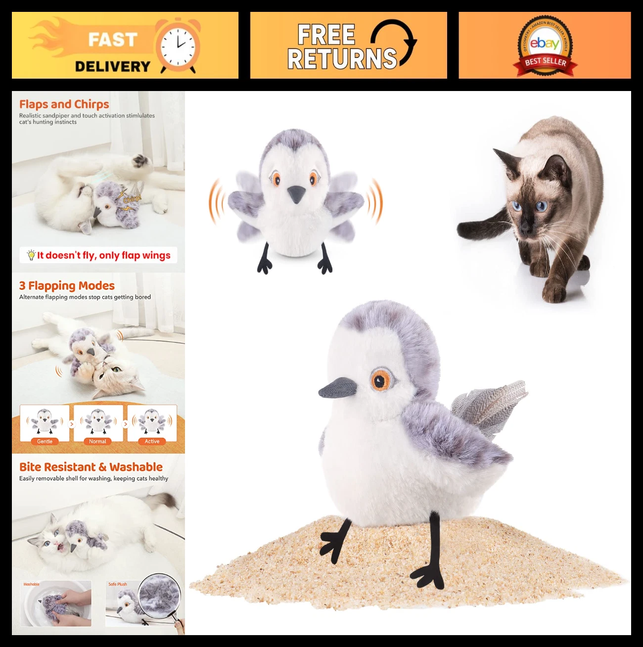 Interactive Cat Toy - Rechargeable Flapping Bird, Lifelike Chirping, Catnip Kick