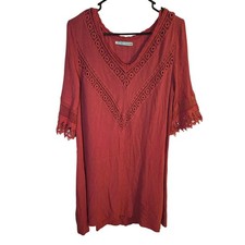 Maurices Womens Dress Size L Burnt Orange Crochet V Neck 3/4 Sleeve Casual Mini