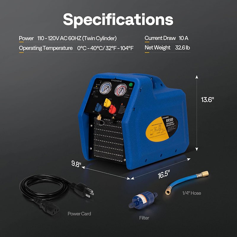 Refrigerant Recovery Machine 1 HP Dual Cylinder Oil-Less Freon Recycling Unit