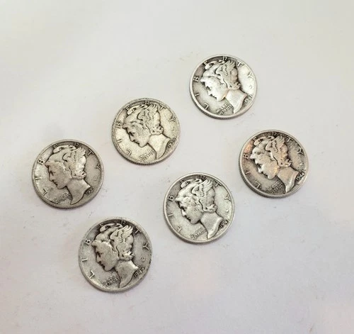 Lot of 6 - Mercury 90% Silver Dimes.  Fine. Excellent patina.