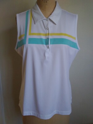 Women's White Top Golf EP PRO Tour Tech Teal Yellow Strip Sleeveless Large