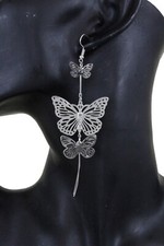 Women Silver Metal Butterfly Charm Wedding Fashion Bridal Jewelry Earrings Set