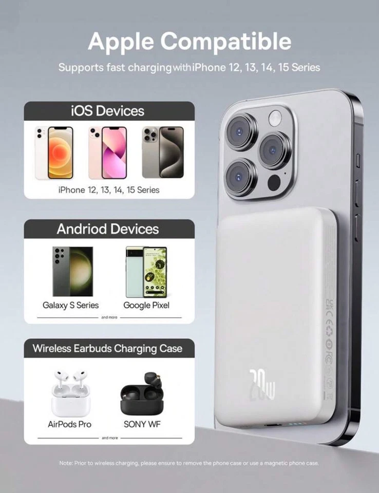 Baseus Magnetic Battery, Wireless Portable Charger 20W USB-C White Foto 4 de 4