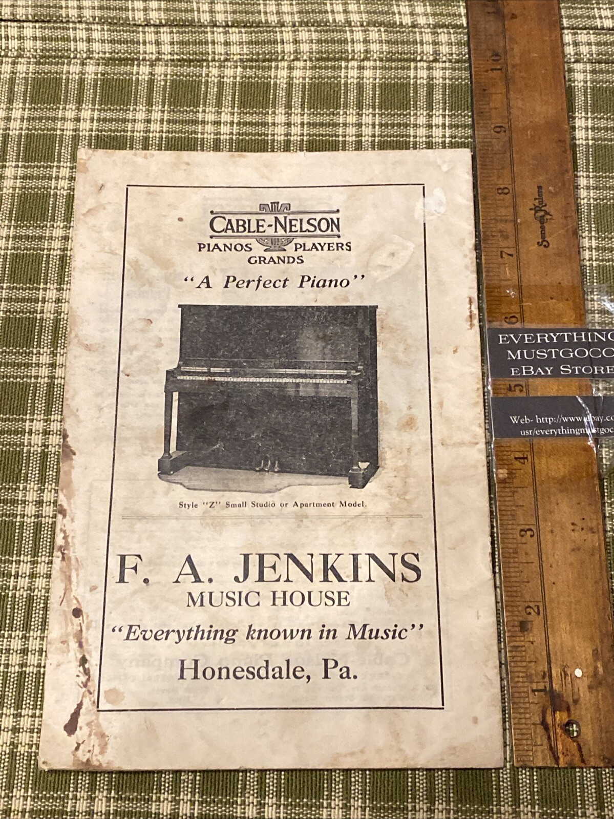 Antique 1908 Cable Nelson Piano Co FA Jenkins Honesdale Sheet Music Advertising