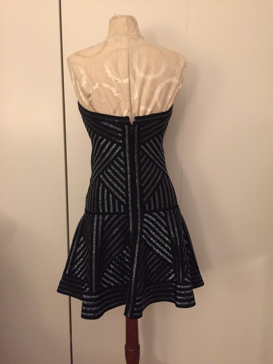 Herve Leger Solie Black Strapless Bandage A-Line Dress Silver Beads SZ S |  eBay