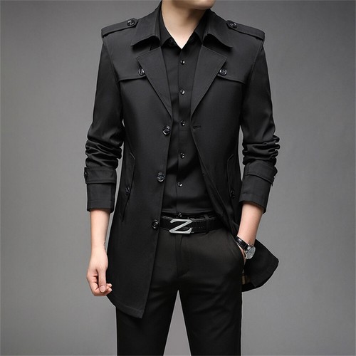 Men Mid-lenght Trench Coat French Business Lapel Jacket Single Breasted Overcoat - Picture 21 of 28