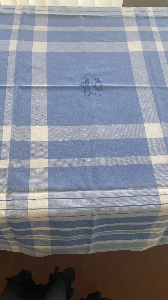 nappe à carreaux coton blanche bleu monogramme MG brodé main vintage/6394PO3 - Photo 3/4