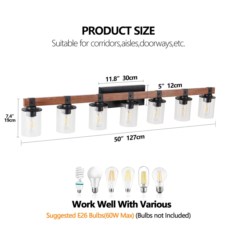 Luminária de parede 7 luzes 50"" vaidade madeira fazenda preta para banheiro espelho - Imagem 2 de 4