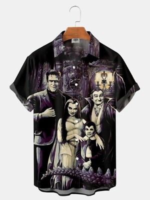Munsters Movie Frankenstein Family & Friends Print Buttoned Hawaiian Lapel Shirt