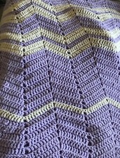 Chunky Chevron Crochet Afghan Throw Blanket Handmade Purple White 77 x52 OOAK