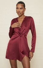 PRETTYLITTLETHING BURGUNDY SATIN LONG SLEEVE WRAP DRESS SIZE 10