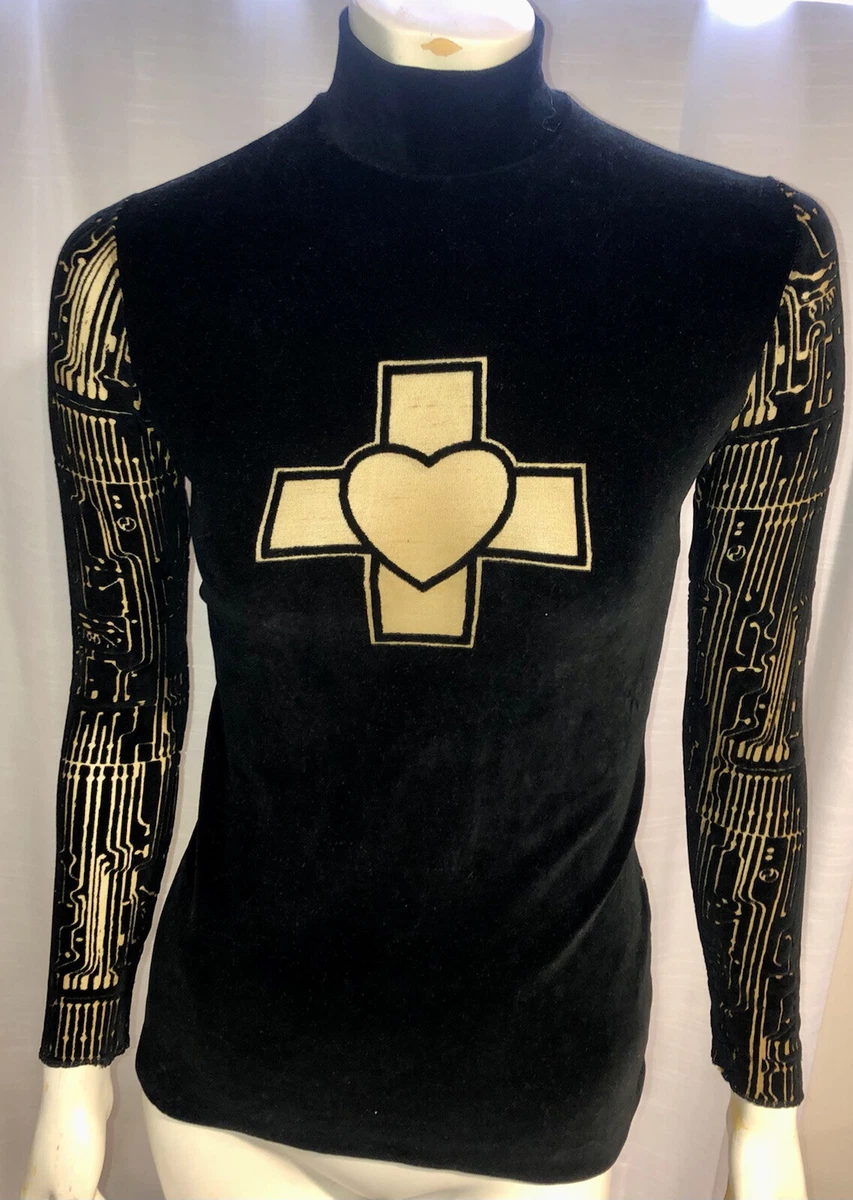 RARE Vintage JEAN PAUL GAULTIER F/W 95 Heart Cross Computer Chip Velvet Top Sz S