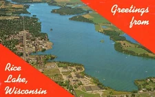 Postcard WI Rice Lake Greetings Aerial View Unposted Chrome Vintage PC J3642