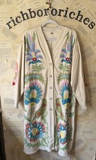 Free People Suzani Duster Embroidered Motifs Floral Button Fray Ivory Mix M NEW
