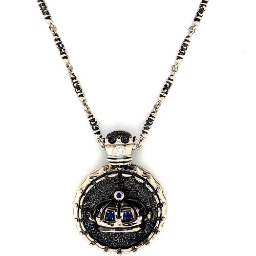 925 Sterling Silver Mens Sapphire Crown Pendant Charm 45 Grams - Picture 3 of 3