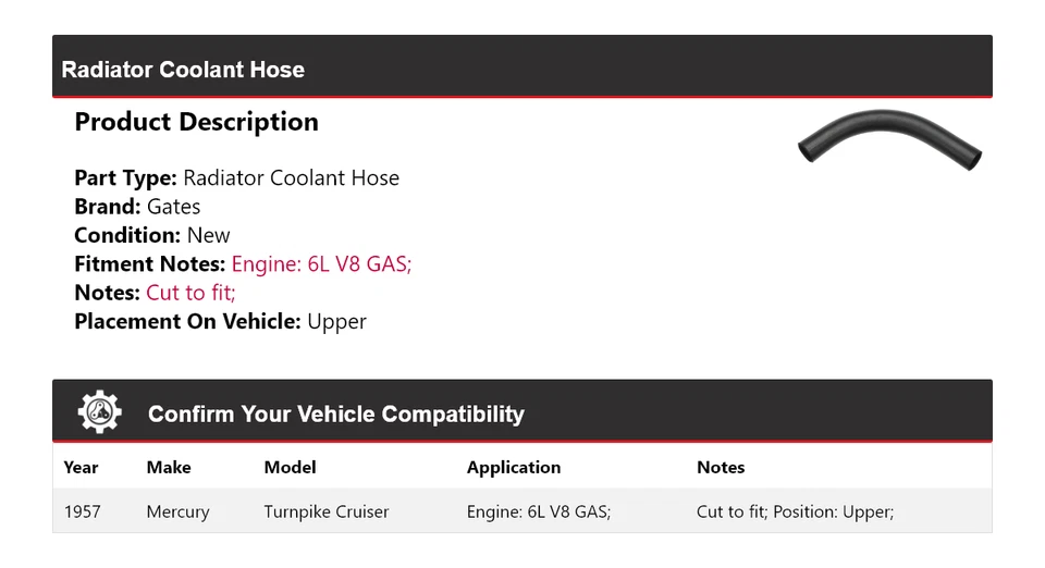For 1957 Mercury Turnpike Cruiser 6L V8 GAS Radiator Coolant Hose Upper Gates - Image 2 of 4