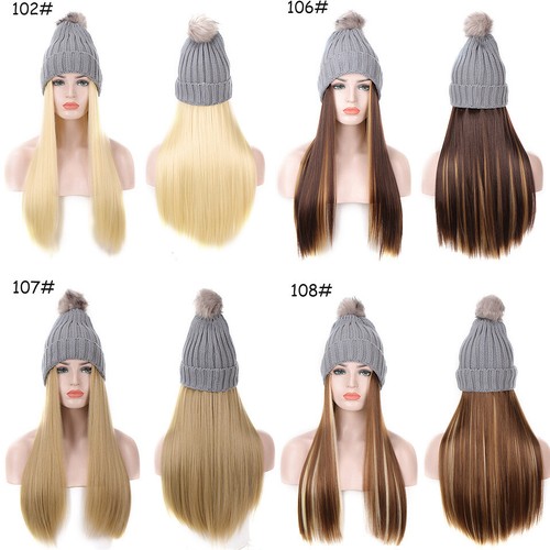 Straight Hair Winter Fashion Natural Pom Pom Design Knit Hat Wig for Women Long