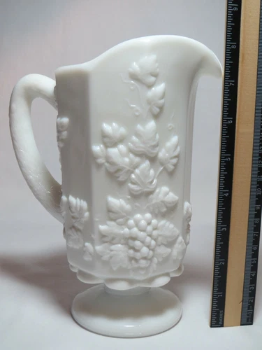Vintage Westmoreland White Milk Glass Raised Grape Grapevine Leaf Pitcher Jug 8"
