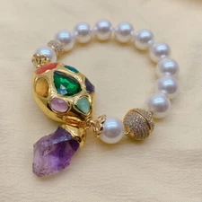 White Sea Shell Pearl Multi Color Crystal Bead Bracelet Purple Amethyst Charm