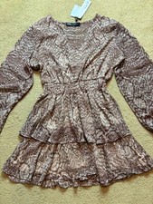 NWT Zara Snake Skin Print Beige Puffy Sleeve Chiffon Blouson Ruffle Mini Dress M