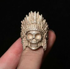 1.4" Old Chinese Silver primitive man Skull Head skeleton crossbones Ring Rings