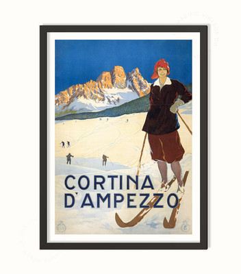 Cortina d Ampezzo Vintage Ski Poster   Italian Alps Art Print, Dolomites Winter