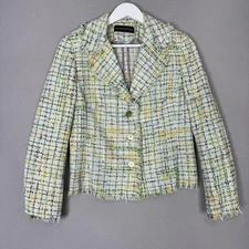 Louise Kennedy Lady Jacket Womens 12 Green Plaid Tweed Fringe Blazer Made Italy
