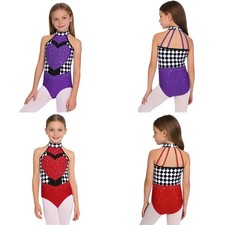 Girls Costume Leotard Bodysuit Contrast Color Heart Queen Gymnastics Tango Jazz