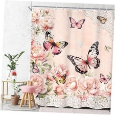 Pink Floral Butterfly Shower Curtain 72Wx78H 72"W x 78"L Pack of 1 A 01flower
